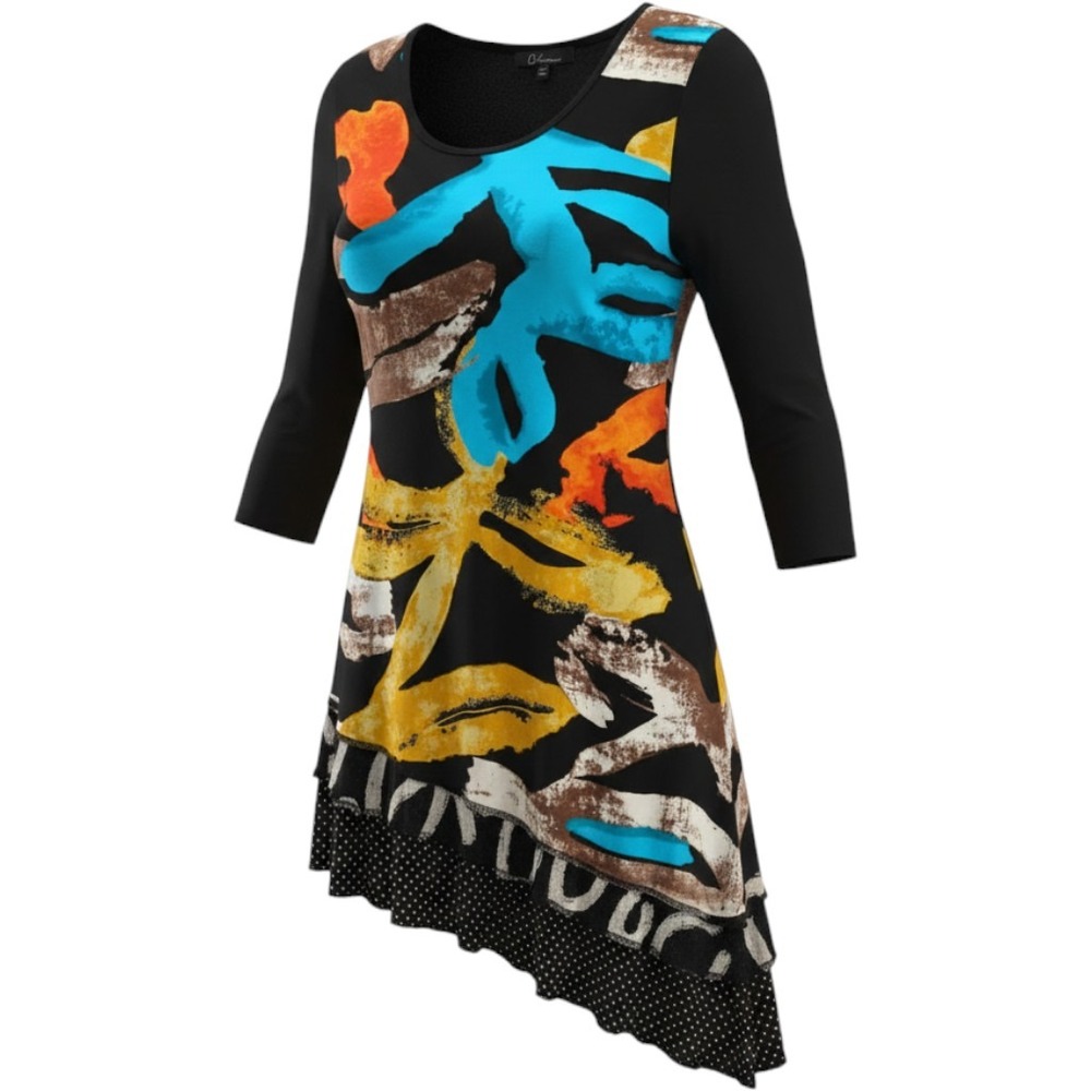 Calessa Tunic Top Womens Large Black Multi Abstract Asymmetrical Layered Artsy